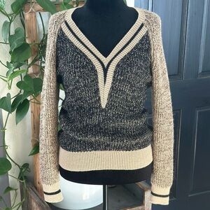 Classic Alpaca Zahara Fuzzy Knit V-neck Raglan Sweater Black Tan Colorblock Sz L